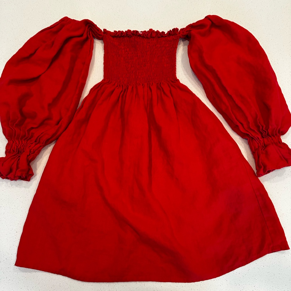 Red Linen Puff Sleeve Mini Dress